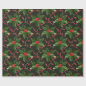 Kerstrode Holly Berry en groene bladeren Cadeaupapier (Vlak)