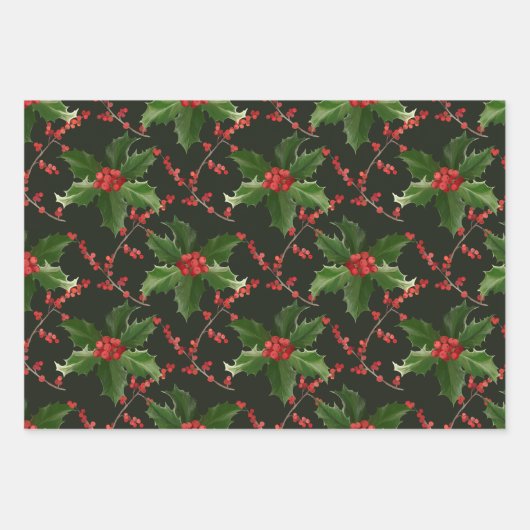 Kerstrode Holly Berry en groene bladeren Inpakpapier Vel (Voorkant 3)