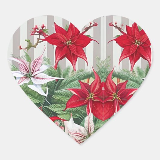 Kerstrode maryllis en Poinsettias Hart Sticker (Voorkant)