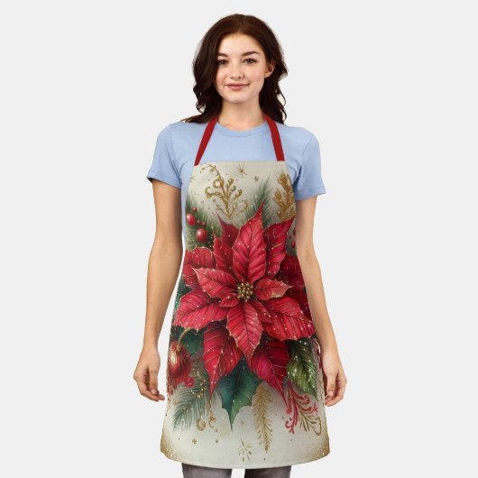 Kerstrode Poinsettia All-Over Print Schort (Gedragen)