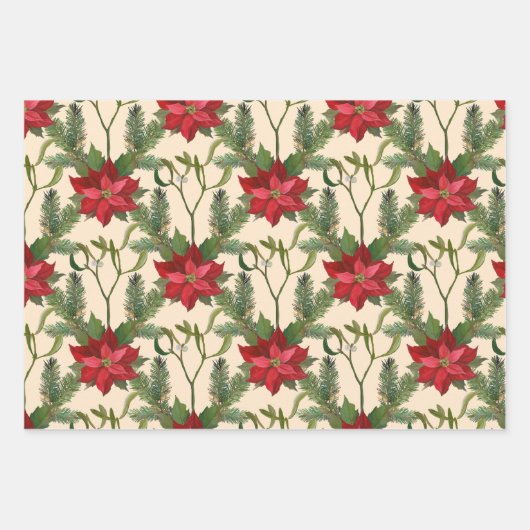 kerstrode poinsettia bloemen en pijntakken inpakpapier vel (Voorkant 3)