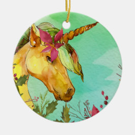 Kerstrode Poinsettias Magical Golden Unicorn Keramisch Ornament