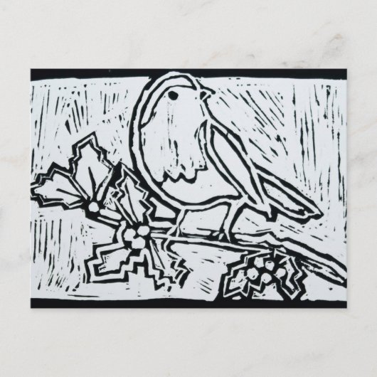 Kerstrode Robin met Holly in Black en White Feestdagenkaart (Voorkant)