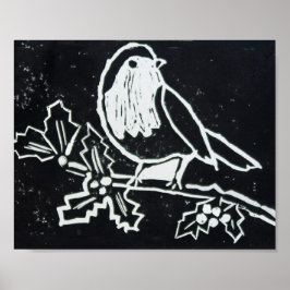Kerstrode Robin met Holly in Black en White Poster