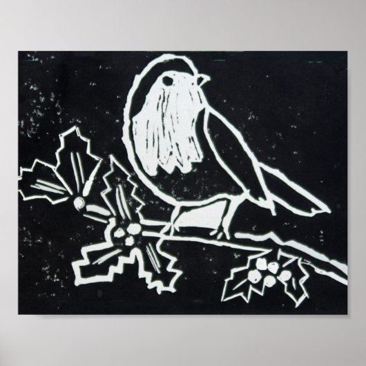 Kerstrode Robin met Holly in Black en White Poster (Voorkant)