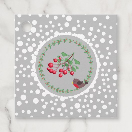Kerstrode Robin met Wreath- en Snow Gift-Labels Bedankjes Labels (Voorkant)