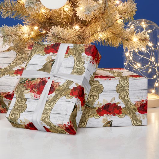 kerstrode rozen goudvogel  cadeaupapier (Feestdagen)