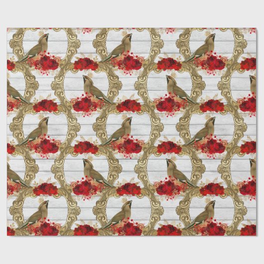 kerstrode rozen goudvogel  cadeaupapier (Vlak)