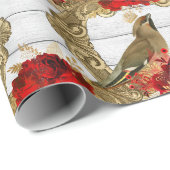 kerstrode rozen goudvogel  cadeaupapier (Rol Hoek)