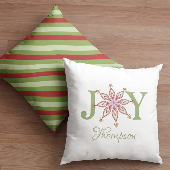 kerstrode sneeuwvlok Joy Typografie Kussen ("Joy" Snowflake typography simple custom throw pillow.)