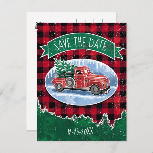 Kerstrode vrachtwagen bespaart de datum uitnodiging briefkaart (Voorkant / Achterkant)