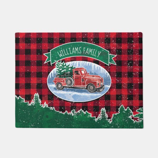 Kerstrode vrachtwagen Buffalo Pset Naam toevoegen Deurmat (Voorkant)