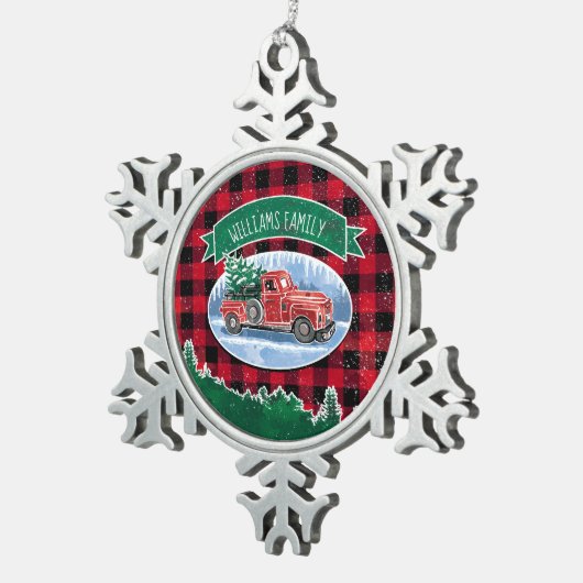 Kerstrode  vrachtwagen Buffalo Pset Naam toevoegen Tin Sneeuwvlok Ornament (Rechts)