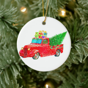 Kerstrode vrachtwagen met kerstboom en cadeau keramisch ornament