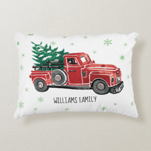 Kerstrode vrachtwagen met Snowflake monogram Accent Kussen