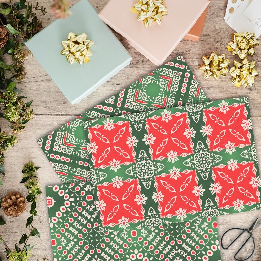 Kerstrode witte  Damaspatronen Inpakpapier Vel