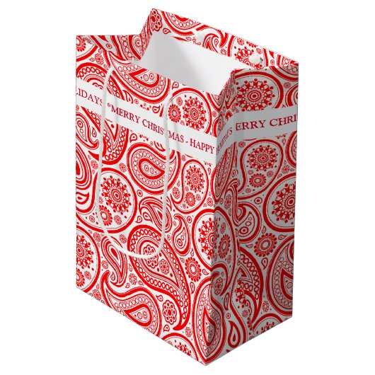 Kerstrode witte  paisley medium cadeauzakje (Voorkant Gekanteld)