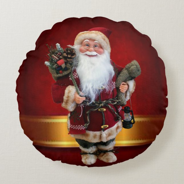 Kerstrondreis, Kerstman Rond Kussen (Voorkant)
