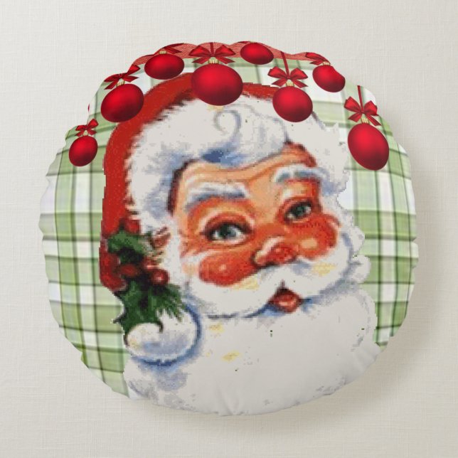 Kerstrondreis, Kerstman Rond Kussen (Voorkant)