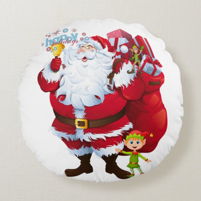 Kerstrondreis, Kerstman Rond Kussen (Voorkant)