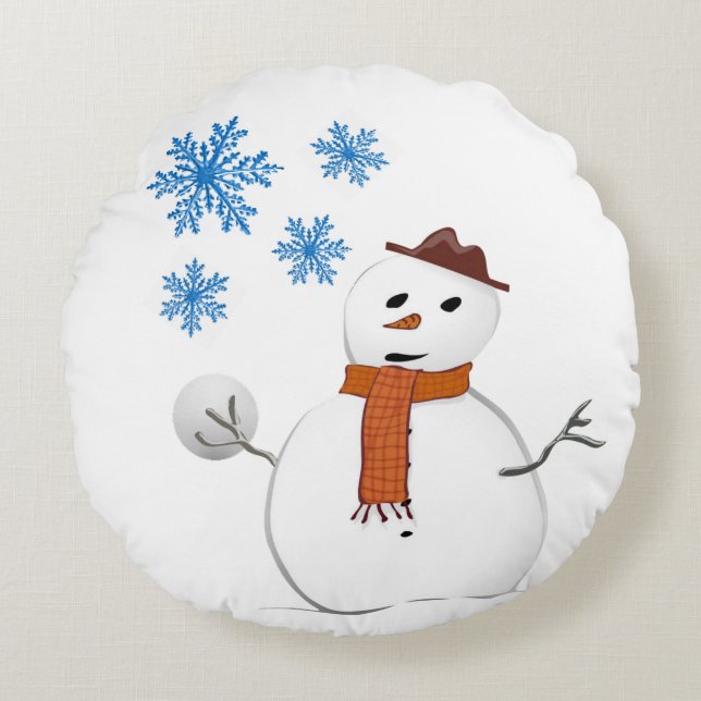 Kerstrondreis, Snowman Rond Kussen (Voorkant)