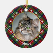 Kerstrood Blauw Groen Pset Cat Foto & Name Keramisch Ornament (Voorkant)