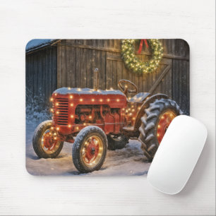 Kerstrood boerentractor met gloeiende krans muismat