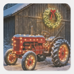 Kerstrood boerentractor met gloeiende krans vierkante sticker