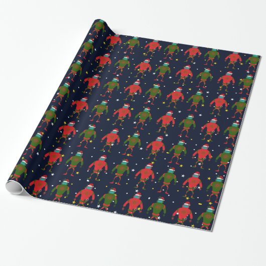 Kerstrood en groen gemiddelde robots in de ruimte cadeaupapier (Uitgerold)