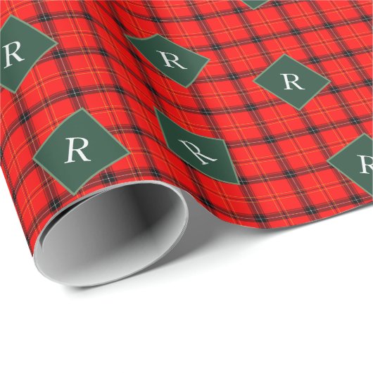 kerstrood en groen gepantserd met tartan monogramm cadeaupapier (Rol Hoek)