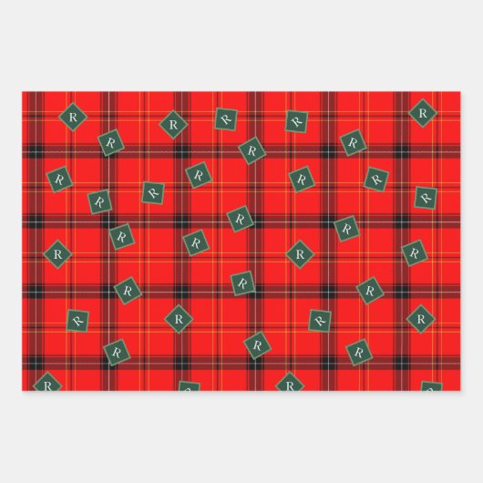 kerstrood en groen gepantserd met tartan monogramm inpakpapier vel (Voorkant 3)