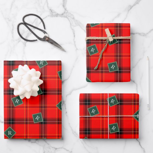 kerstrood en groen gepantserd met tartan monogramm inpakpapier vel (Voorkant)