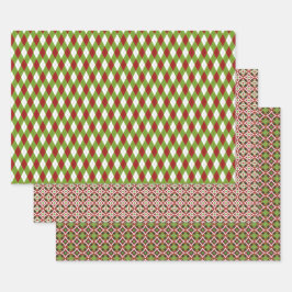 Kerstrood en groen multipatroonpatroon inpakpapier vel