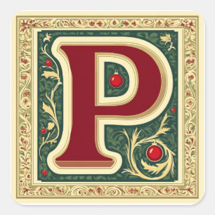 Kerstrood en groene letter P met goud Vierkante Sticker