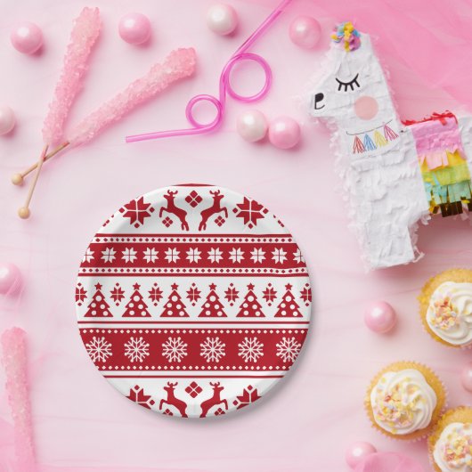 Kerstrood en wit bier en Trees Pattern Papieren Bordje (Feest)