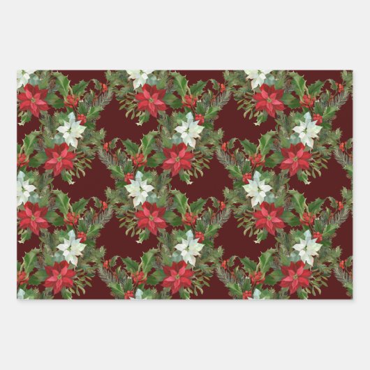 Kerstrood en wit Poinsettia, Holly Berry Inpakpapier Vel (Voorkant)