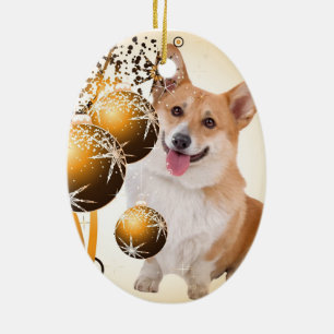 Kerstrood en witte Corgi Keramisch Ornament