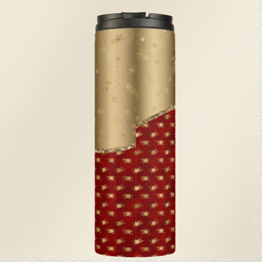 Kerstrood flessenpatroon met gouden lint thermosbeker