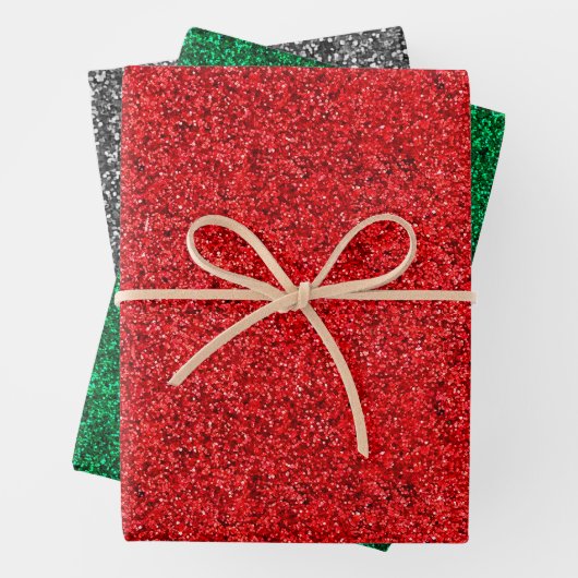 Kerstrood, groen en zilver faux glitter inpakpapier vel (In situ)
