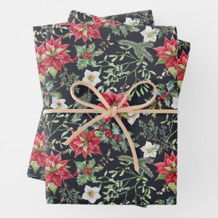Kerstrood Poinsettia Bloemen en Bessen Inpakpapier Vel