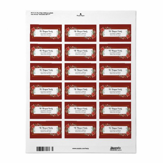 Kerstrood Poinsettia Floral Gold Lijst Etiket (Full Sheet)