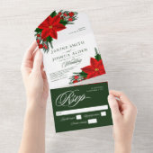 kerstrood poinsettia pine Greenery Wedding All In One Uitnodiging (Afscheurbaar)