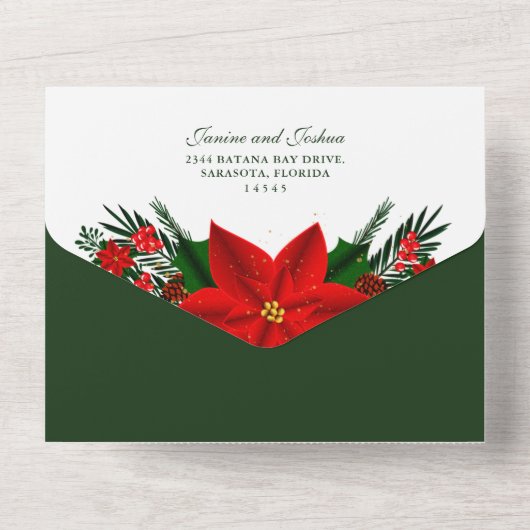kerstrood poinsettia pine Greenery Wedding All In One Uitnodiging (Achterkant)