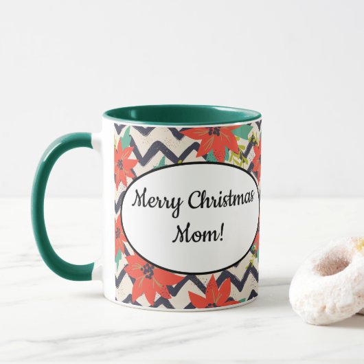 Kerstrood Poinsettia zwart-wit Chevron Mok (Met donut)