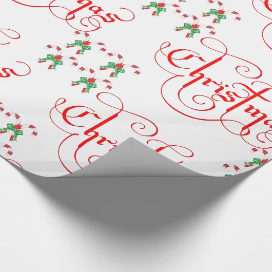 Kerstrood Script Snoep Candy Cane Green Ribbon Cadeaupapier (Hoek)
