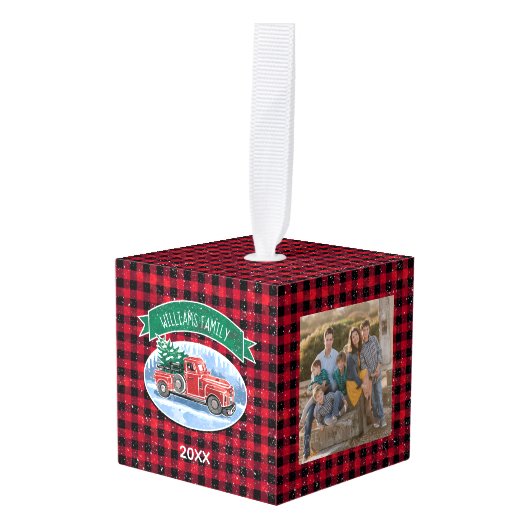  kerstrood vrachtwagen Aangepaste foto Kubus Ornament (Voorkant hoekig)