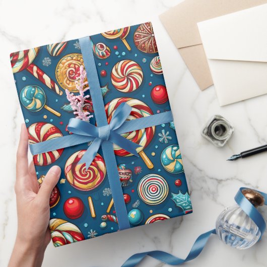 Kerstrood Wit Snoep Lollipop Blauw Cadeaupapier (Geschenken)