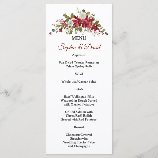 Kerstrood Witte Poinsettia Bruiloftsmenu Menu (Voorkant)