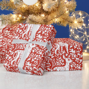 Kerstrood-witte rendierwinter cadeaupapier