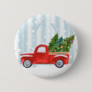 Kerstroodbedekking vrachtwagen op een sneeuwweg ronde button 5,7 cm